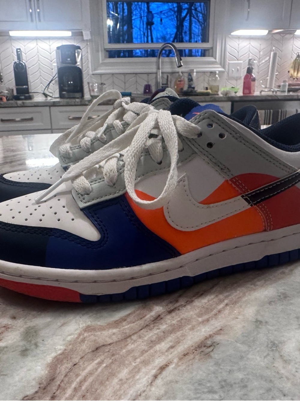 Nike Dunks. Kids White, Blue & Orange Low-Top Athletic Shoes